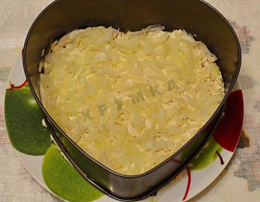 Рецепт - Салат Мужские слёзы с гранатом - Шаг 7 -  Следующий слой - маринованный лук. Его нужно хорошенько отжать от маринада. Этот слой можно не покрывать заправкой.