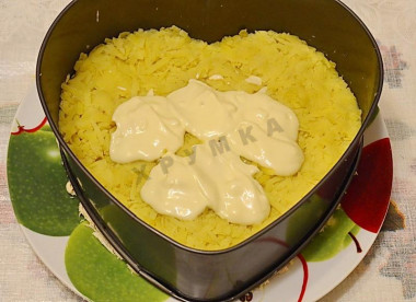 Рецепт - Салат Мужские слёзы с гранатом - Шаг 8 -  Следующим слоем выкладываем натёртый на тёрке картофель + заправку. Вообще, слой картошки должен быть один. Но, если картошки получилось много (как у меня), возьмите только половину, чтобы картофельный слой не получился слишком толстым и поэтому скучным на вкус.