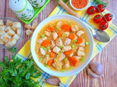 Суп без картошки с курицей и чечевицей