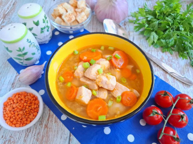 Суп без картошки с курицей и чечевицей