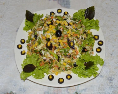 Рецепт - Салат Терка с маслинами кукурузой капустой и яблоками - Шаг 7 -  Достаём из холодильника необходимый объём готового салата, перед употреблением заправляем оливковым маслом (я ещё добавила соли) и выкладываем на блюдо, украшаем по своему усмотрению. Остаток салата храним в холодильнике.