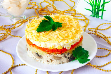 Салат курица и грибы шампиньоны жареные
