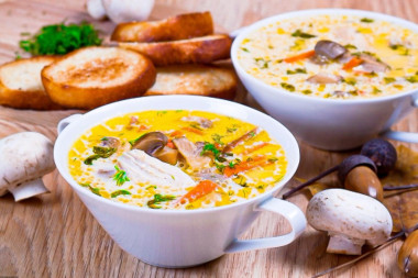 Суп с курицей грибами и плавленным сыром