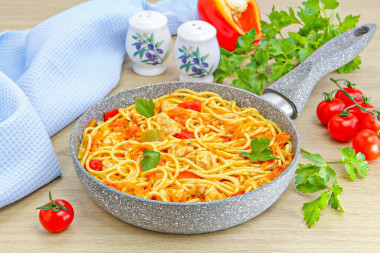 Спагетти с курицей на сковороде
