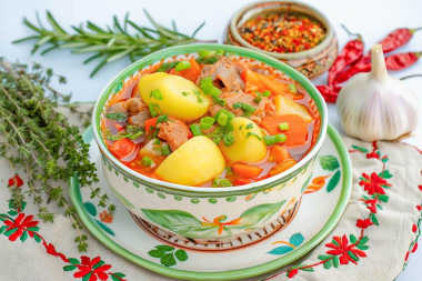 Шурпа из говядины в казане на плите