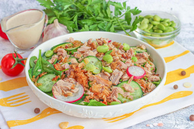 Азиатский салат с эдамаме хрустящим рисом и тунцом