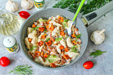 Курица с лисичками в сливочном соусе на сковороде