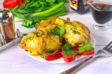 Курица с луком на сковороде жареная