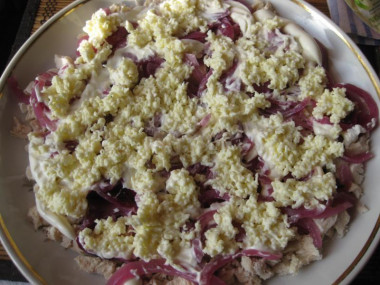 Рецепт - Салат Белый снег - Шаг 7 -  Следующим третьим слоем выкладываем натертый плавленный сырок.