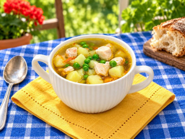 Суп с курицей и зеленым горошком