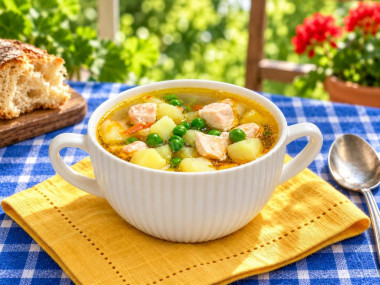 Суп с курицей и зеленым горошком