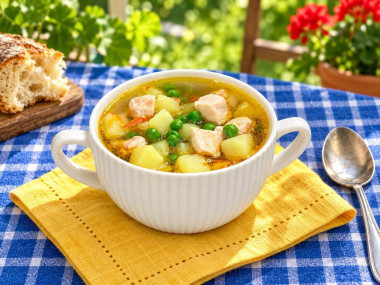 Суп с курицей и зеленым горошком