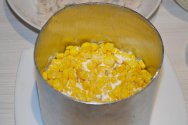 Рецепт - Салат ананасовый с куриным филе, яйцом, кукурузой - Шаг 9 -  Затем консервированная кукуруза и покрываем майонезом.