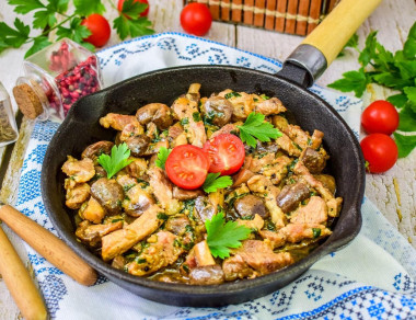 Жареное мясо с грибами на сковороде