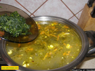 Зелёный борщ на мясе со щавелем, зеленью и яйцом
