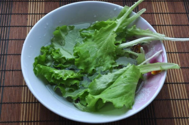 Рецепт - Салат с тунцом яйцами помидорами огурцами латуком - Шаг 4 -  Листья салата моем и оставляем на 10 минут в холодной воде. После чего высушиваем их.