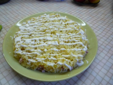 Рецепт - Салат мышки в сыре с перепелиными яйцами - Шаг 8 -  Далее на картофель укладываем яйца, опять майонез, яблоки