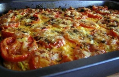 Кабачки с помидорами сыром и мясом запеченные