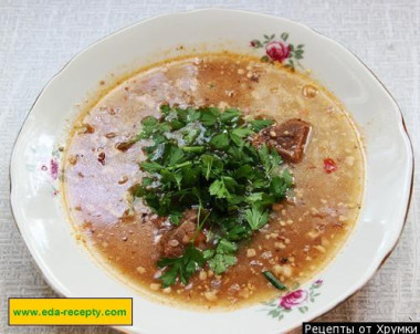 Харчо из риса и говядины с грецкими орехами и ткемали