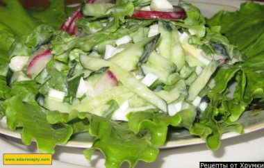 Весенний салат из редиски с яйцом и огурцом