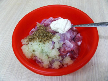 Рецепт - Шашлык из кролика сочный в маринаде из минералки на мангале - Шаг 7 -  Когда выдержите положенное время мясо в минералке, излишек воды слить. Добавить в миску кашицу лука, кориандр и майонез. Посолите и хорошо перемешайте. Пусть мясо еще постоит около часа.