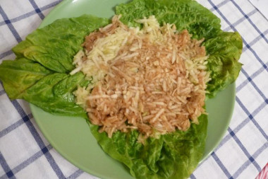 Рецепт - Салат с яблоками грибами сыром - Шаг 4 -  Выкладываем на блюдо салат.листья,а на них тертые яблоки.