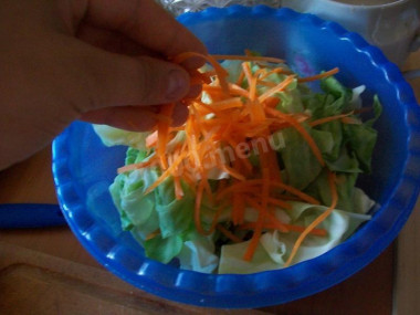 Рецепт - Салат Провансаль из капусты и моркови с уксусом и сахаром - Шаг 3 -  Перекладываем ее в керамическую или стеклянную огнеупорную посуду. Морковь чистим и шинкуем соломкой, добавляем к капусте.