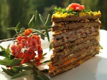 Печеночный торт с грибами блинами луком и морковью