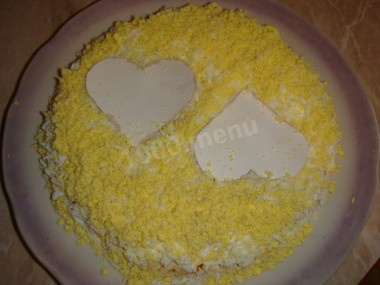 Рецепт - Салат Влюбленный Бунито - Шаг 6 -  Из картона вырезаем 2 сердца, прикладываем к салату, оставшуюся поверхность присыпаем желтком.Картон убираем, сердечки выкладываем ягодами клюквы или калины.