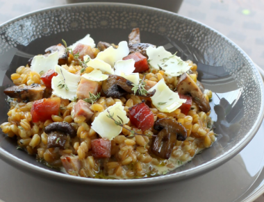 Spelt Risotto with Goat Cheese and Ham  