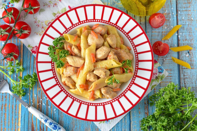 Макароны с курицей в мультиварке