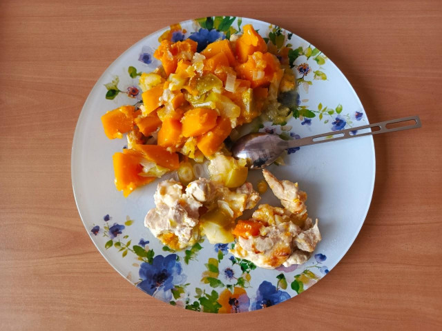 запечённая тыква с куриным бедром в духовке