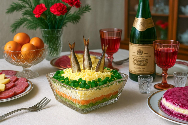 Салат рыбки в пруду со шпротами