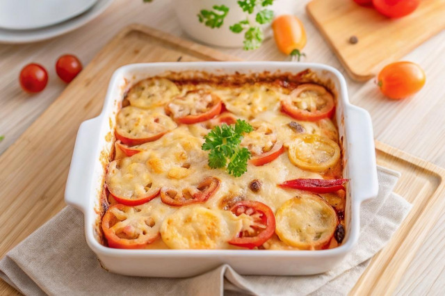 Запеканка с макаронами и помидорами с сырной корочкой