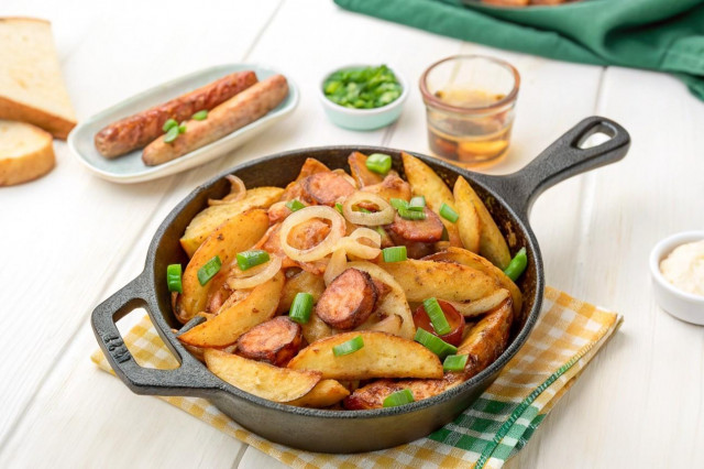 Жареная картошка с колбасками на сковороде