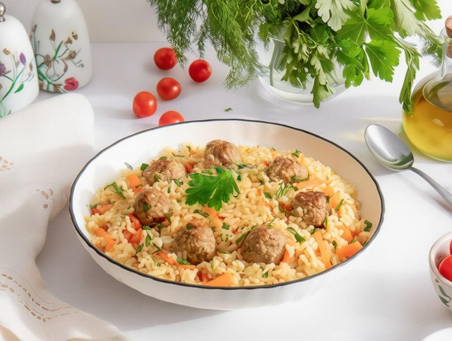 Фрикадельки с рисом на сковороде