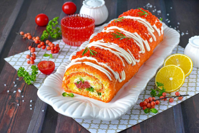Салат закуска Царский рулет с красной рыбой