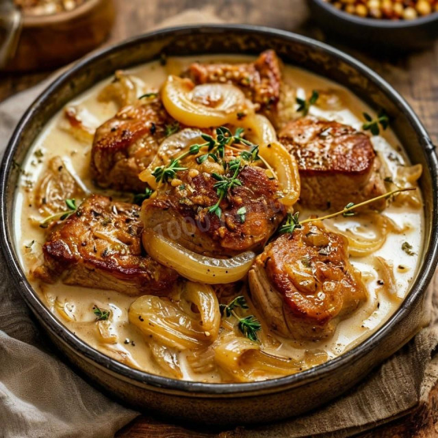 Свинина тушеная с луком на молоке