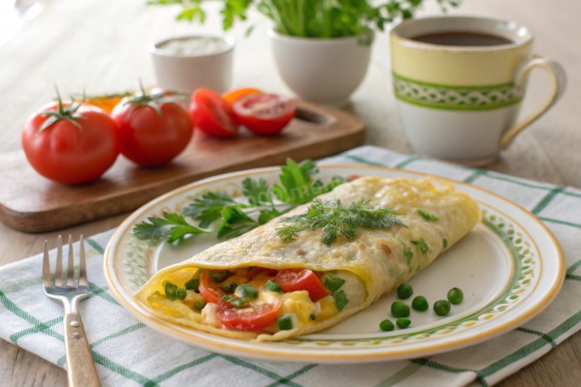 Омлет в лаваше с сыром помидорами и овощами на сковороде