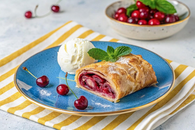 Вишнёвый штрудель из теста фило  хрустящий десерт