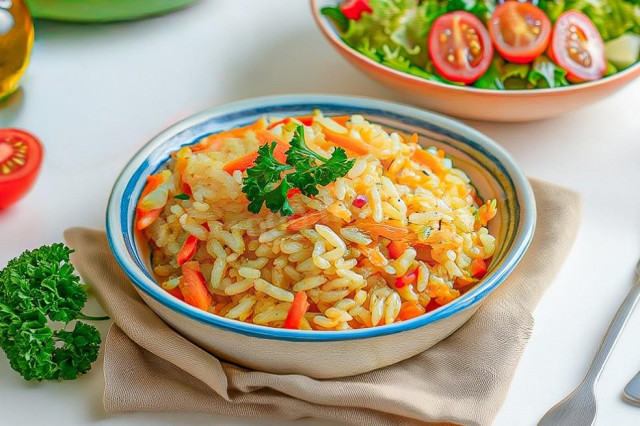 Рис на сковороде с луком и морковью