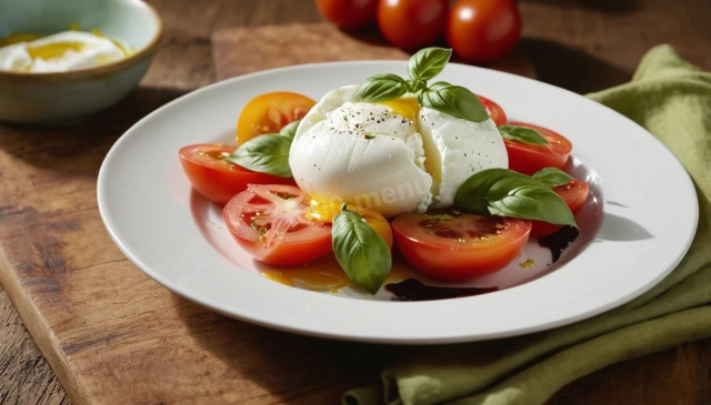 Салата с сыром буррата помидорами и базиликом
