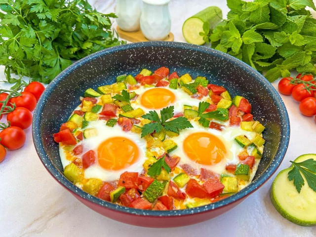 Яичница с кабачками помидорами и яйцом
