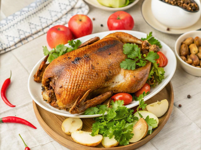 Фаршированная утка с яблоками и черносливом в духовке