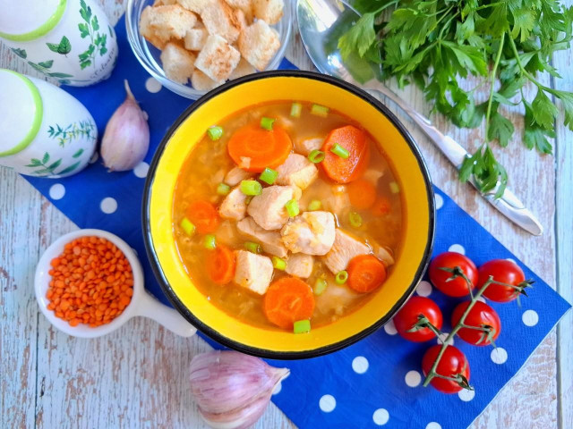 Суп без картошки с курицей и чечевицей