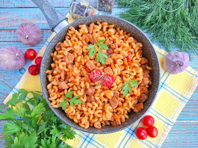 Свинина с макаронами на сковороде