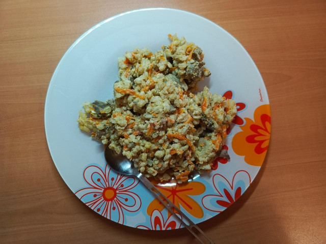 перловка с куриной печенью в сметане
