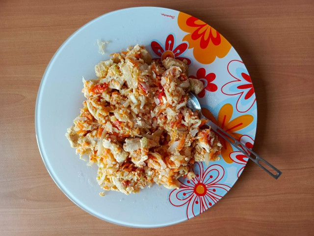 тушёная капуста с курицей и яйцом