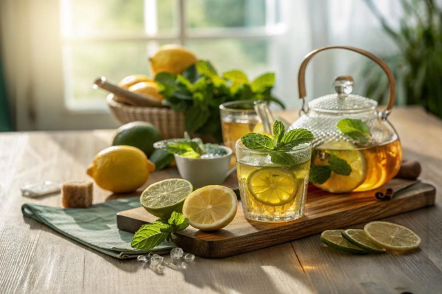 Холодный зеленый чай напиток из мяты и лимона