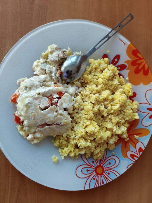 пшено и рыба под сыром